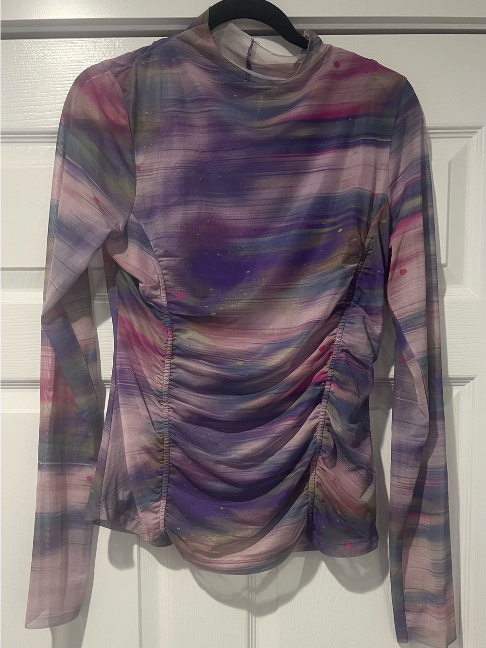 Anthropologie Long-Sleeve Ruched Mesh Top in Purple Multicolor Wash